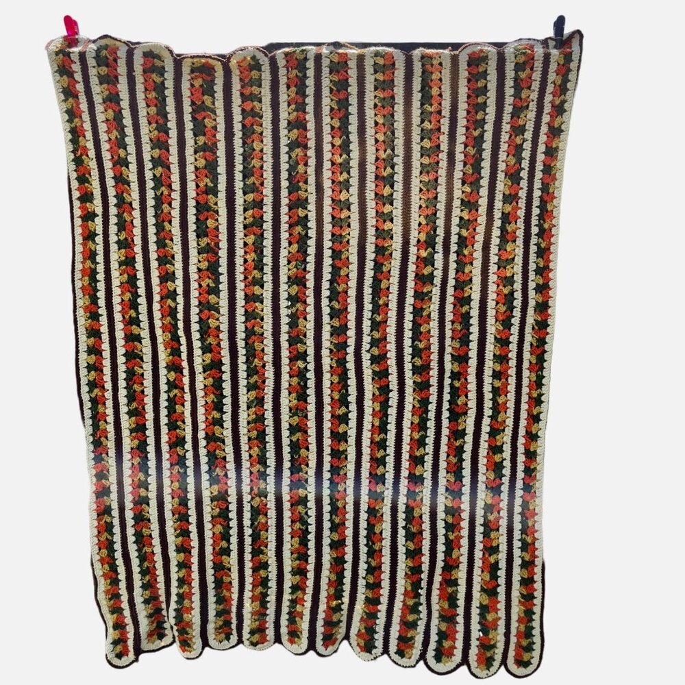 Crochet Afghan Vintage Mile a Minute Stitch 70's 80's Olive Orange Gold 48" x 64
